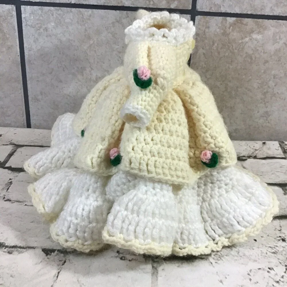 Vintage Handmade Crochet Doll Dress Yellow Layered Ruffled Southern Belle‎ Gown